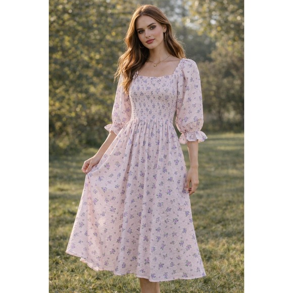 Ivy City Co Dresses & Skirts - Ivy City Co Teagan Dress M Purple Gingham Floral Smocked Bodice Cottagecore NWT